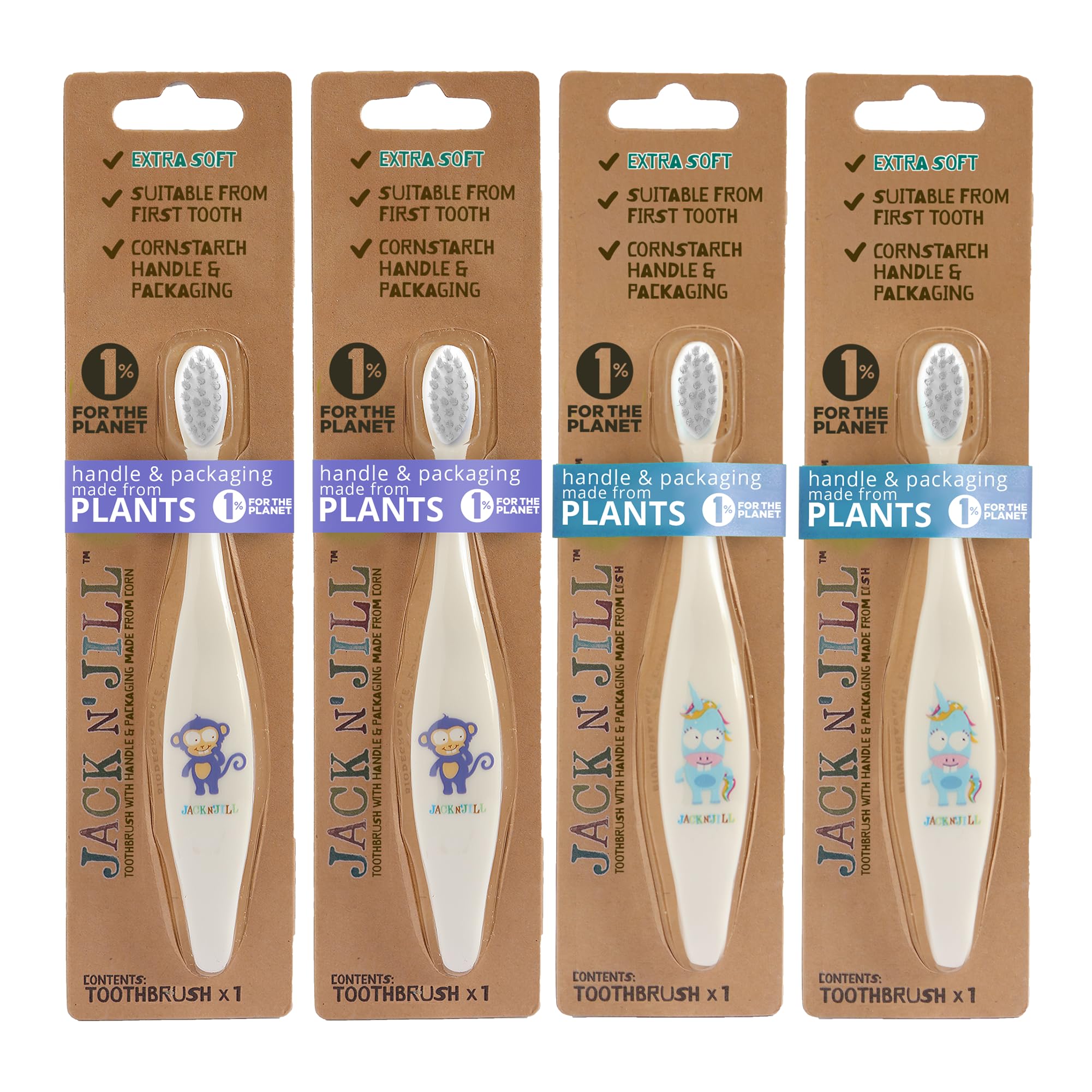 Jack N' Jill 4-pack toddler toothbrushes with assorted character handles