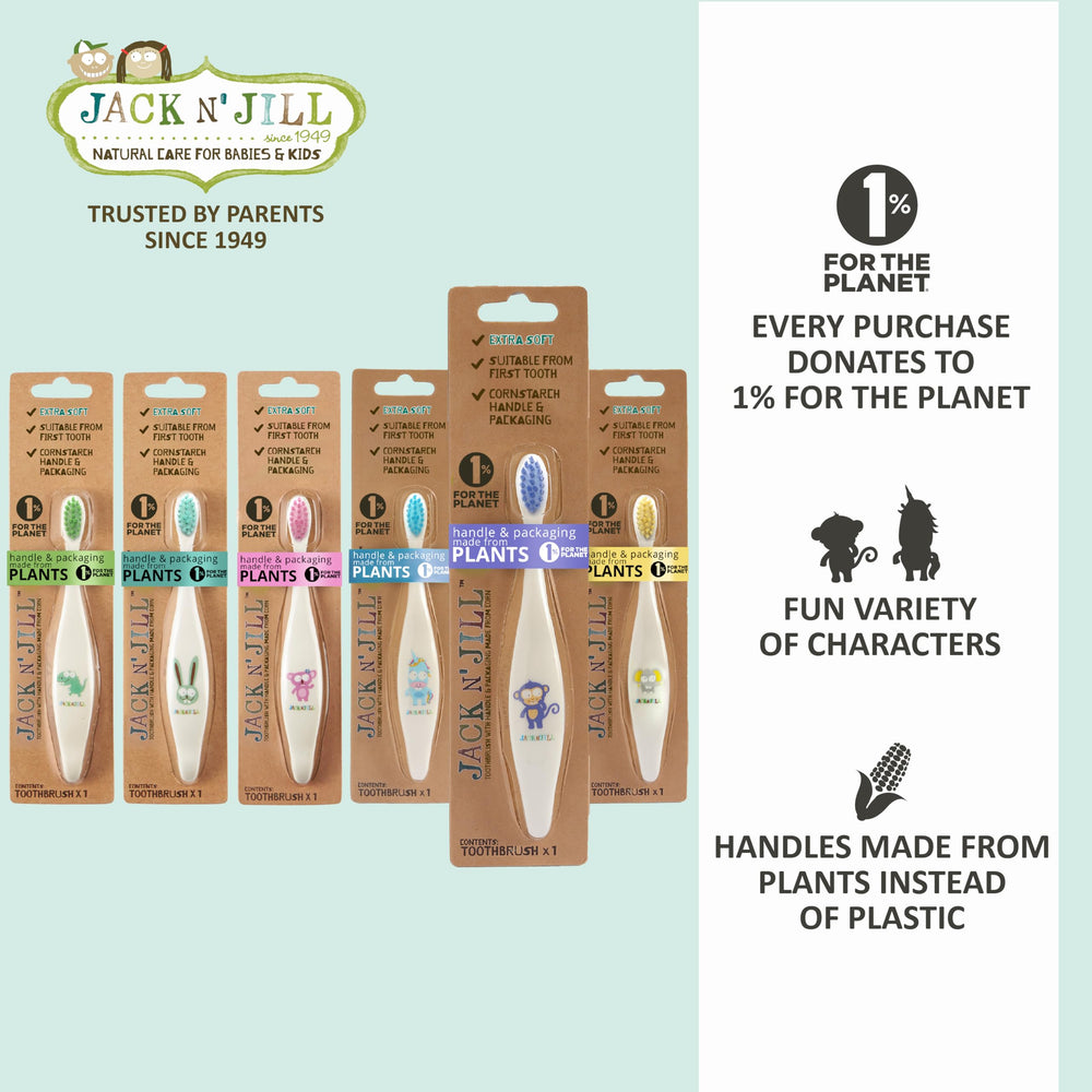 Assorted character designs included in Jack N' Jill toddler toothbrushes