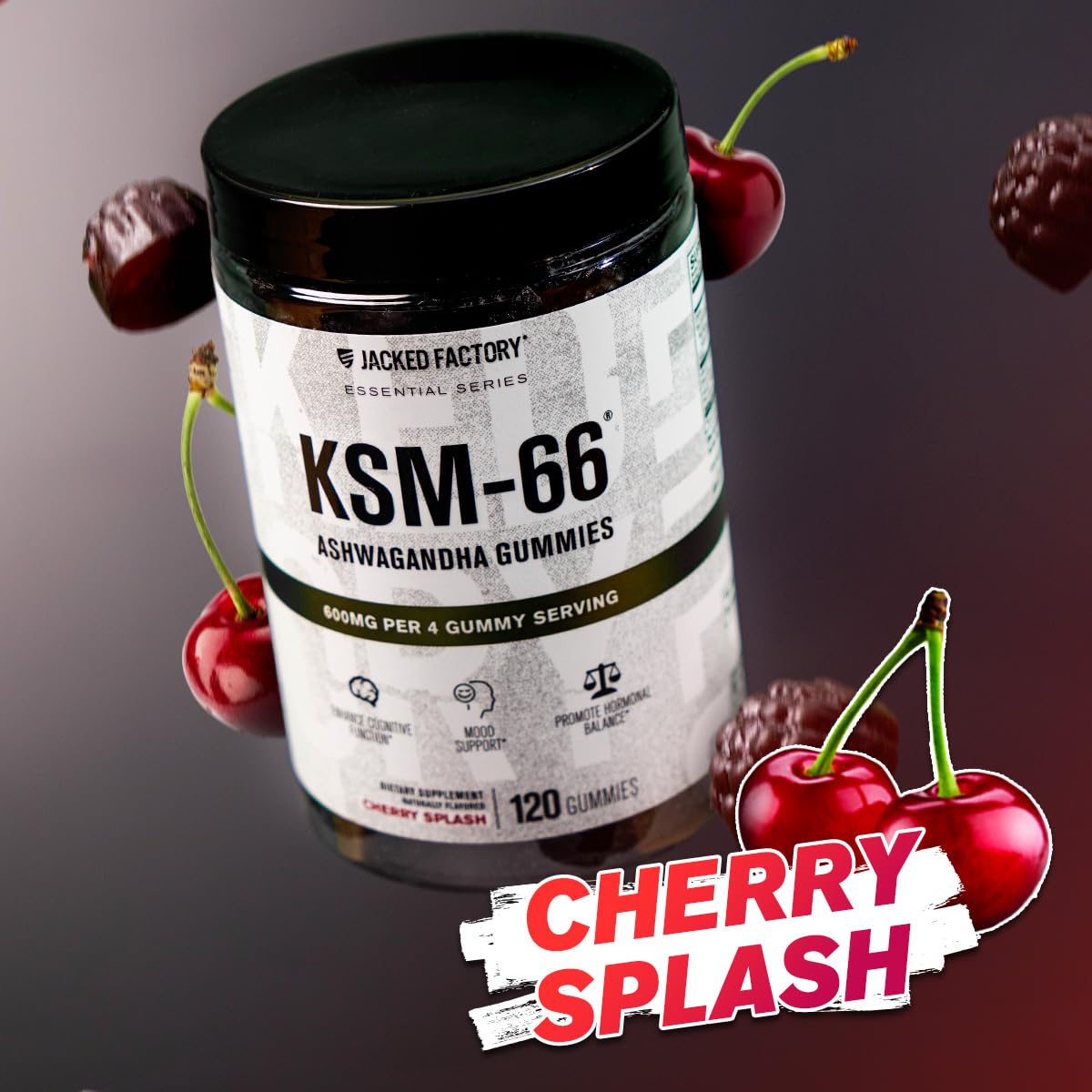 Bottle front with KSM-66 Ashwagandha Gummies label