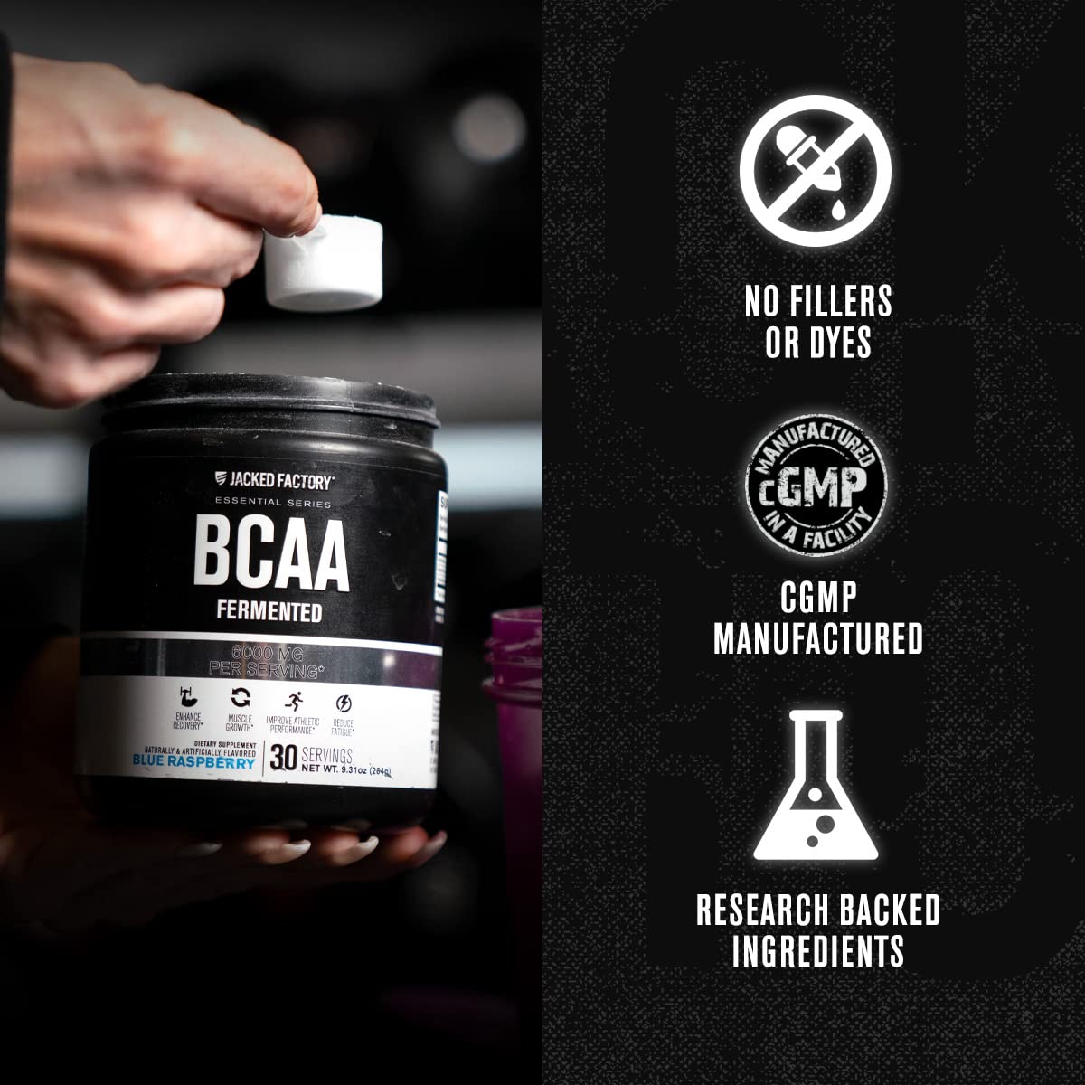 Graphic showing 6000mg BCAAs per serving in 2:1:1 ratio