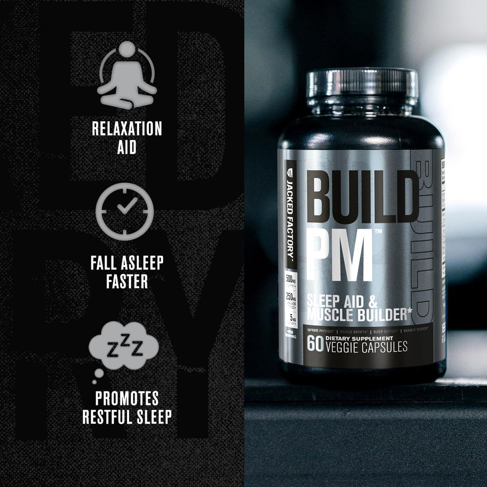 Athlete preparing for bed with Build PM bottle nearby
