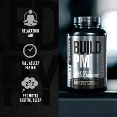 Athlete preparing for bed with Build PM bottle nearby