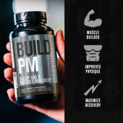 Close-up of Build PM capsules emphasizing recovery-ready ingredients