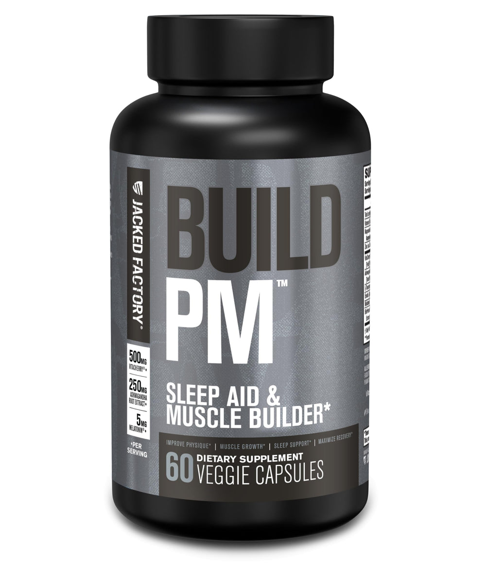 Bottle of Jacked Factory Build PM Night Time Muscle Builder on a desk