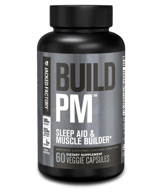 Bottle of Jacked Factory Build PM Night Time Muscle Builder on a desk