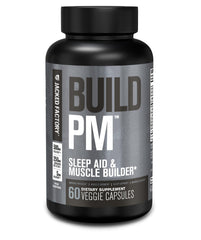 Jacked Factory Build PM bottle showcasing sleep-support formula with tart cherry and melatonin