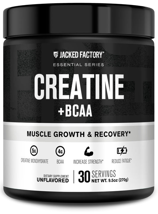 Bottle of Jacked Factory Creatine + BCAAs unflavored, 30 servings