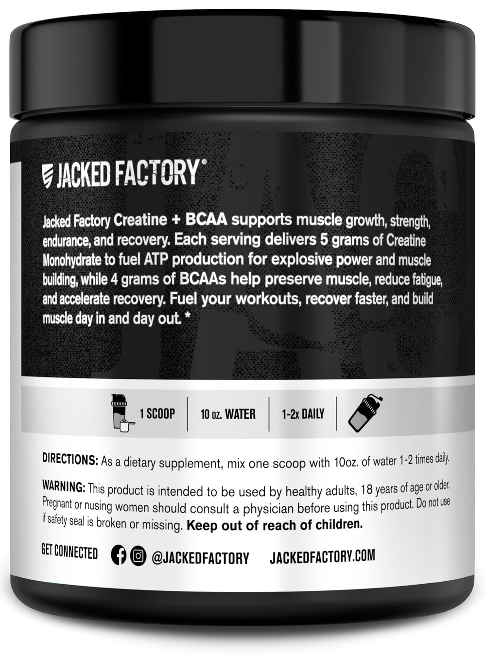 Ingredients list emphasizing creatine monohydrate and leucine