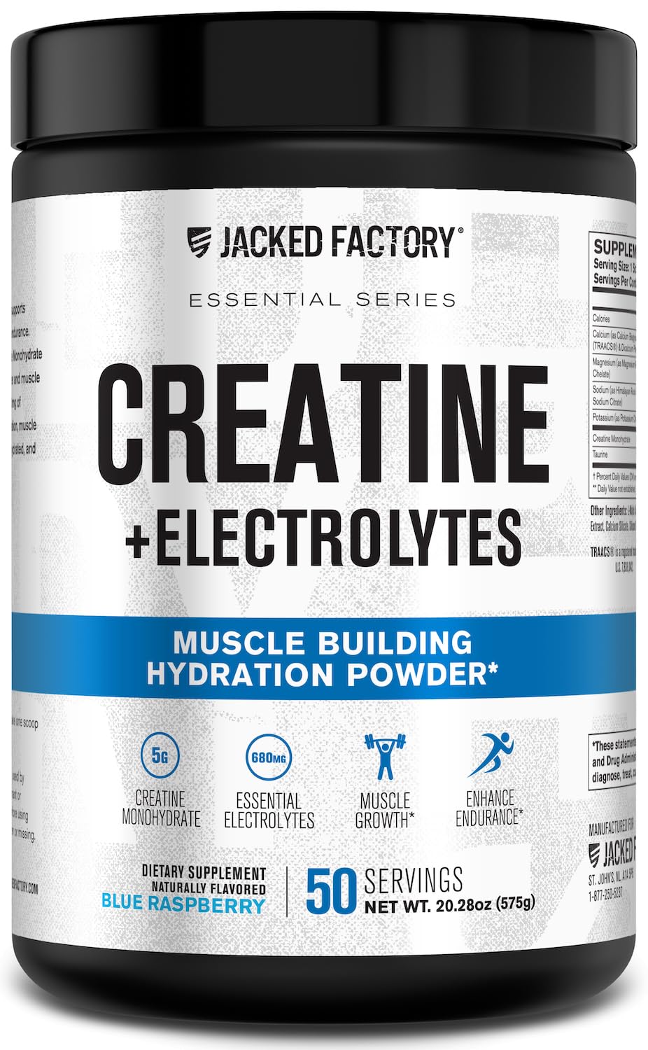 Front view of Jacked Factory Creatine + Electrolytes Blue Raspberry bottle