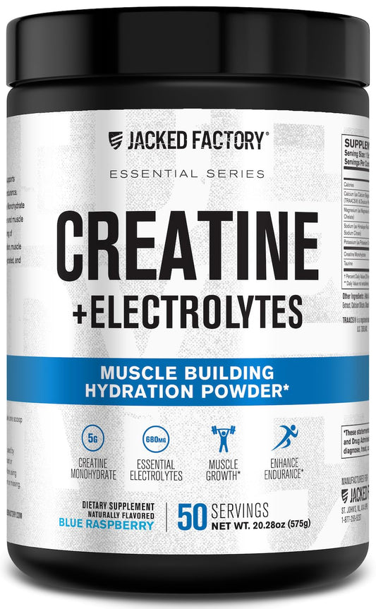 Front view of Jacked Factory Creatine + Electrolytes Blue Raspberry bottle