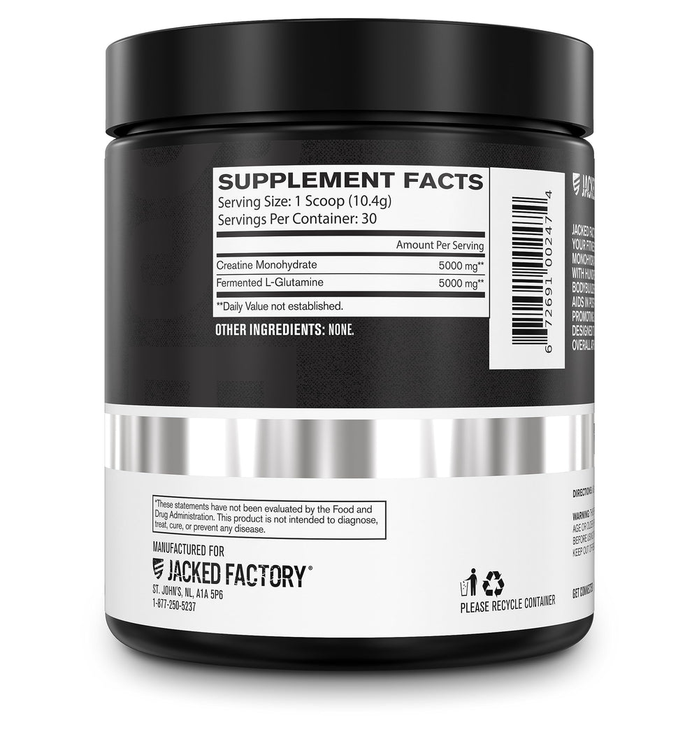 Jacked Factory Creatine + Glutamine bottle shown from the side