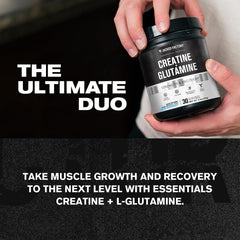 Close-up of Creatine Monohydrate and L-Glutamine powder and scoop