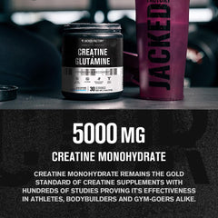 Blue raspberry flavor scoop showing 5 g Creatine and 5 g Glutamine per serving