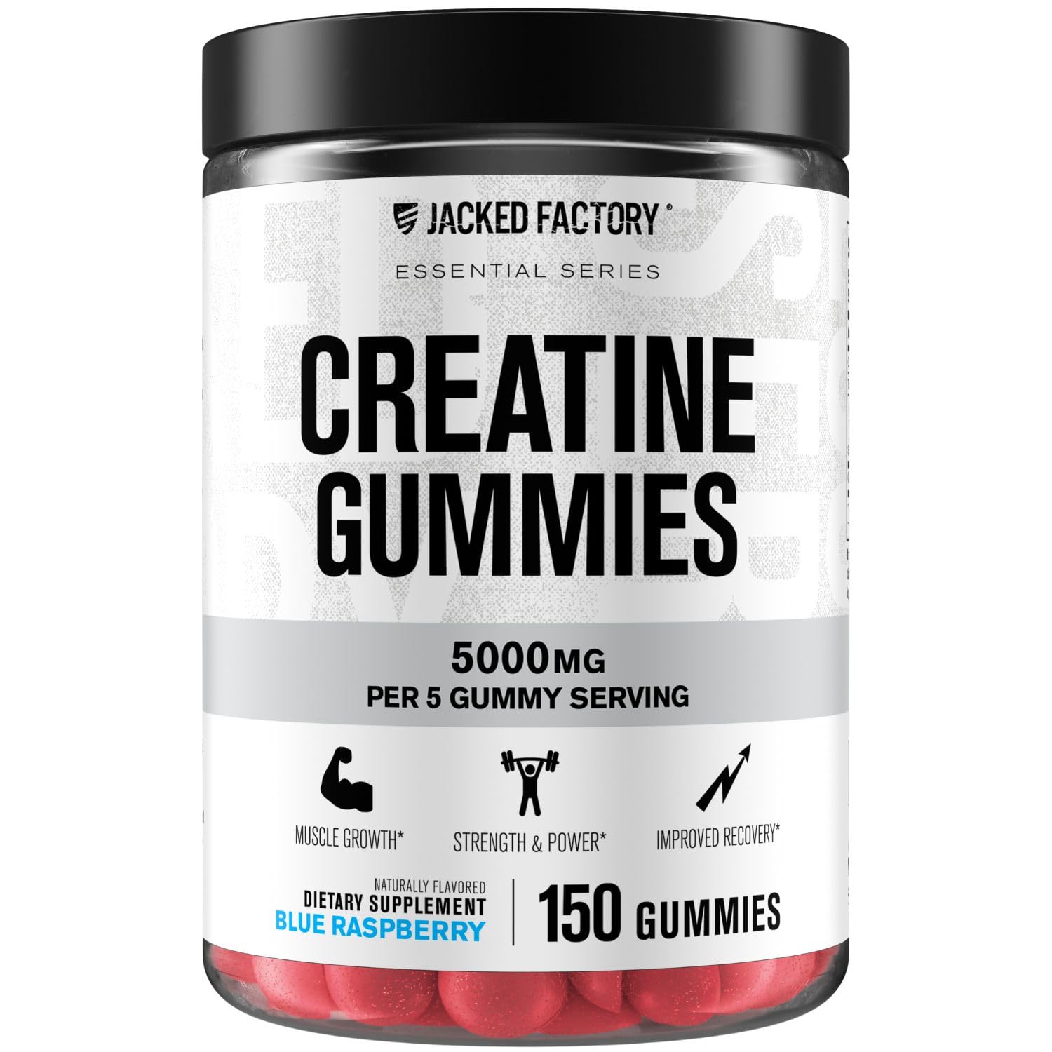 Jacked Factory Creatine Gummies bottle with 150 blue raspberry gummies
