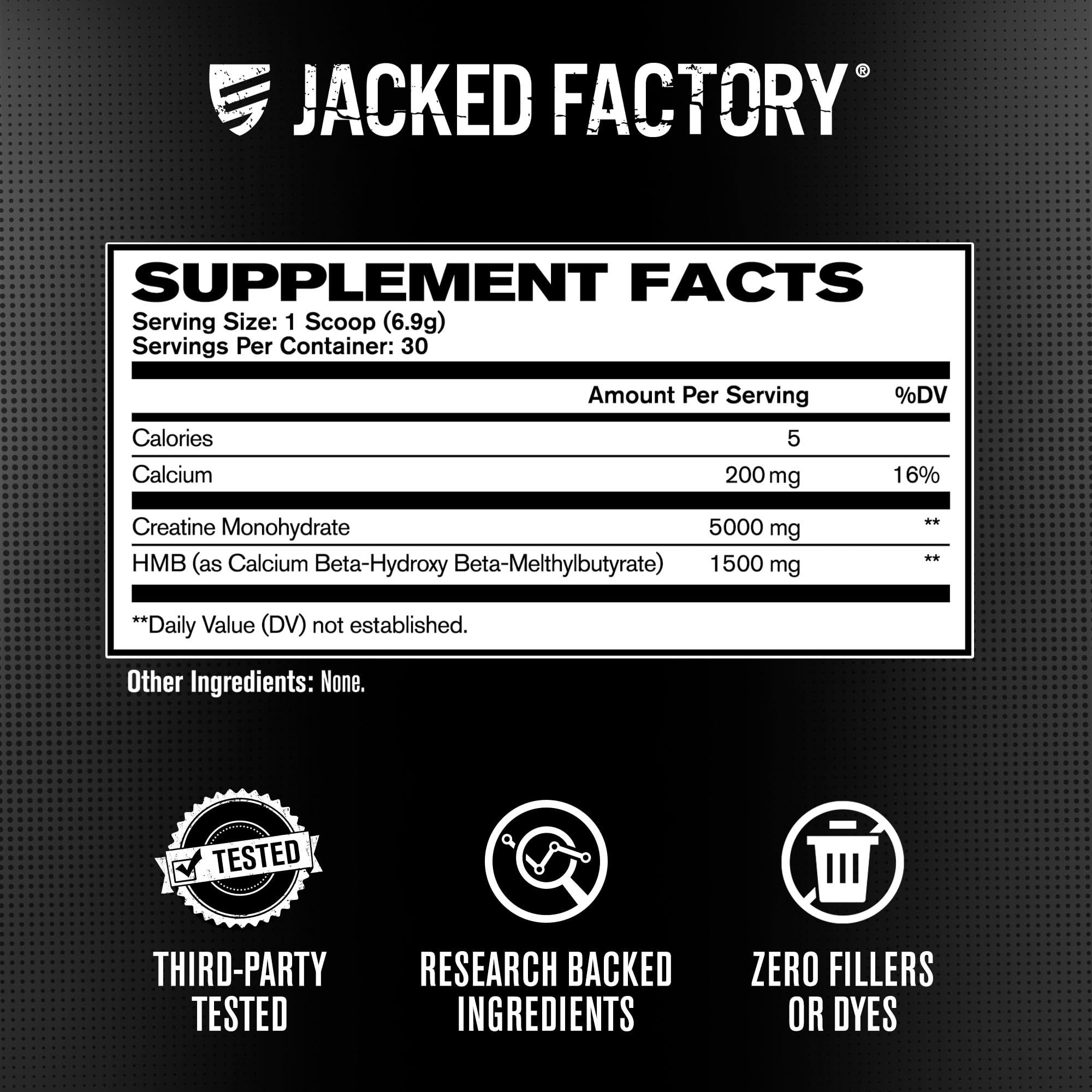 Jacked Factory Creatine Monohydrate + HMB powder bottle front view