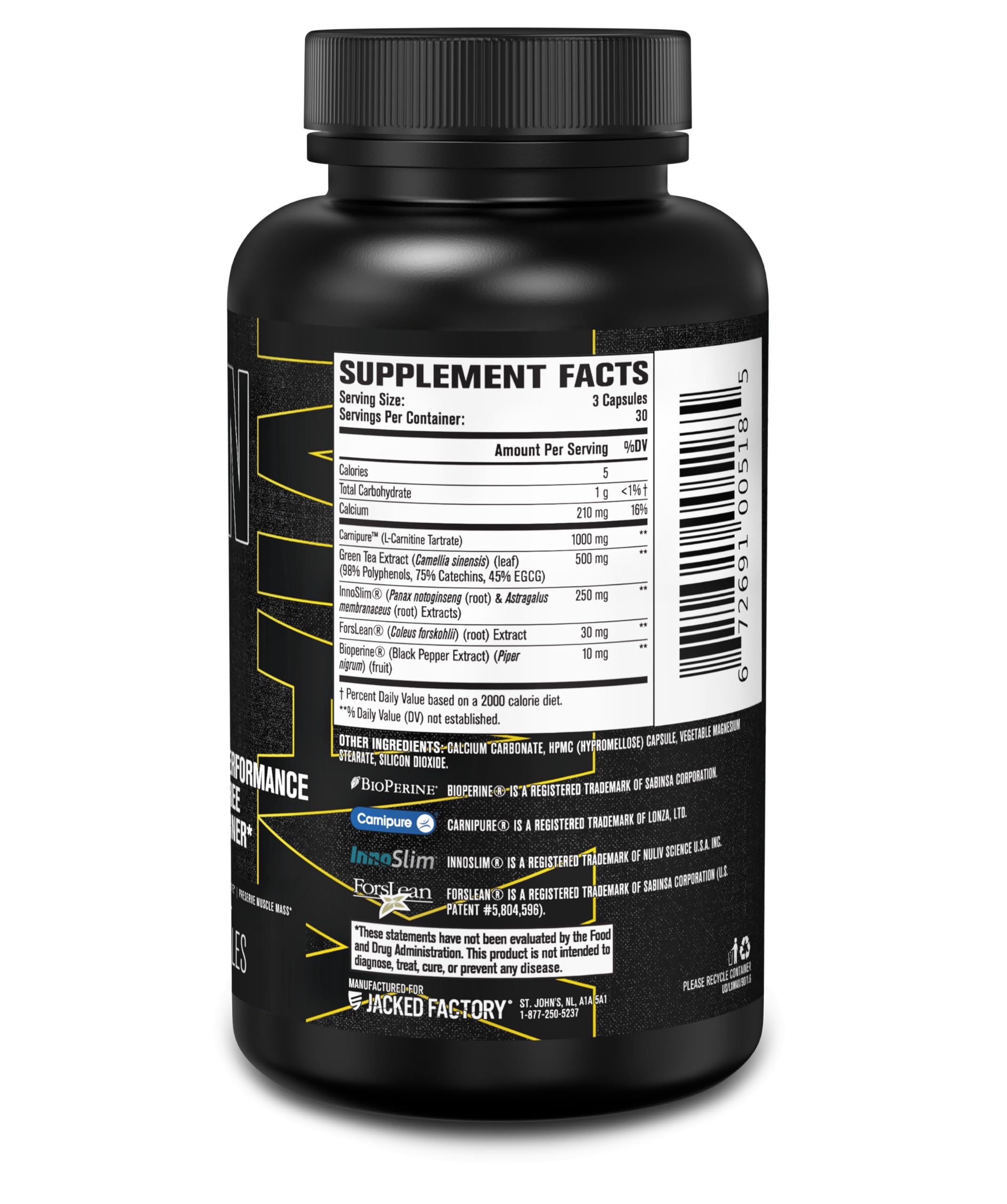 Jacked Factory Lean-XT Max label close-up with patented ingredients