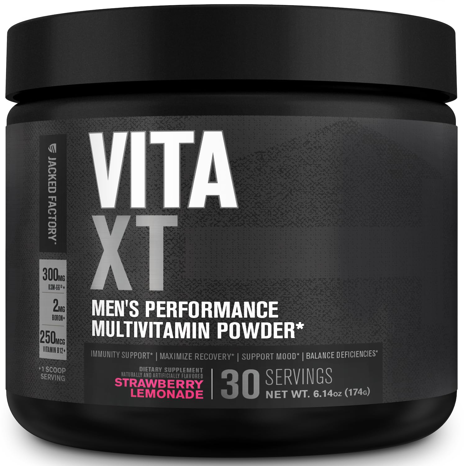 Jacked Factory Vita XT Powder Strawberry Lemonade canister with scoop
