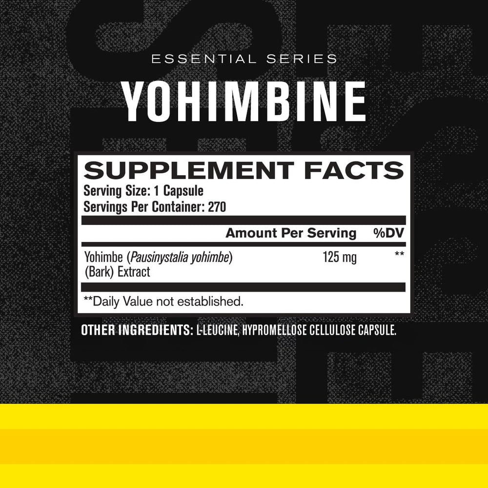 Close-up of Yohimbine label showing 2.5 mg per capsule