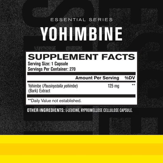Close-up of Yohimbine label showing 2.5 mg per capsule