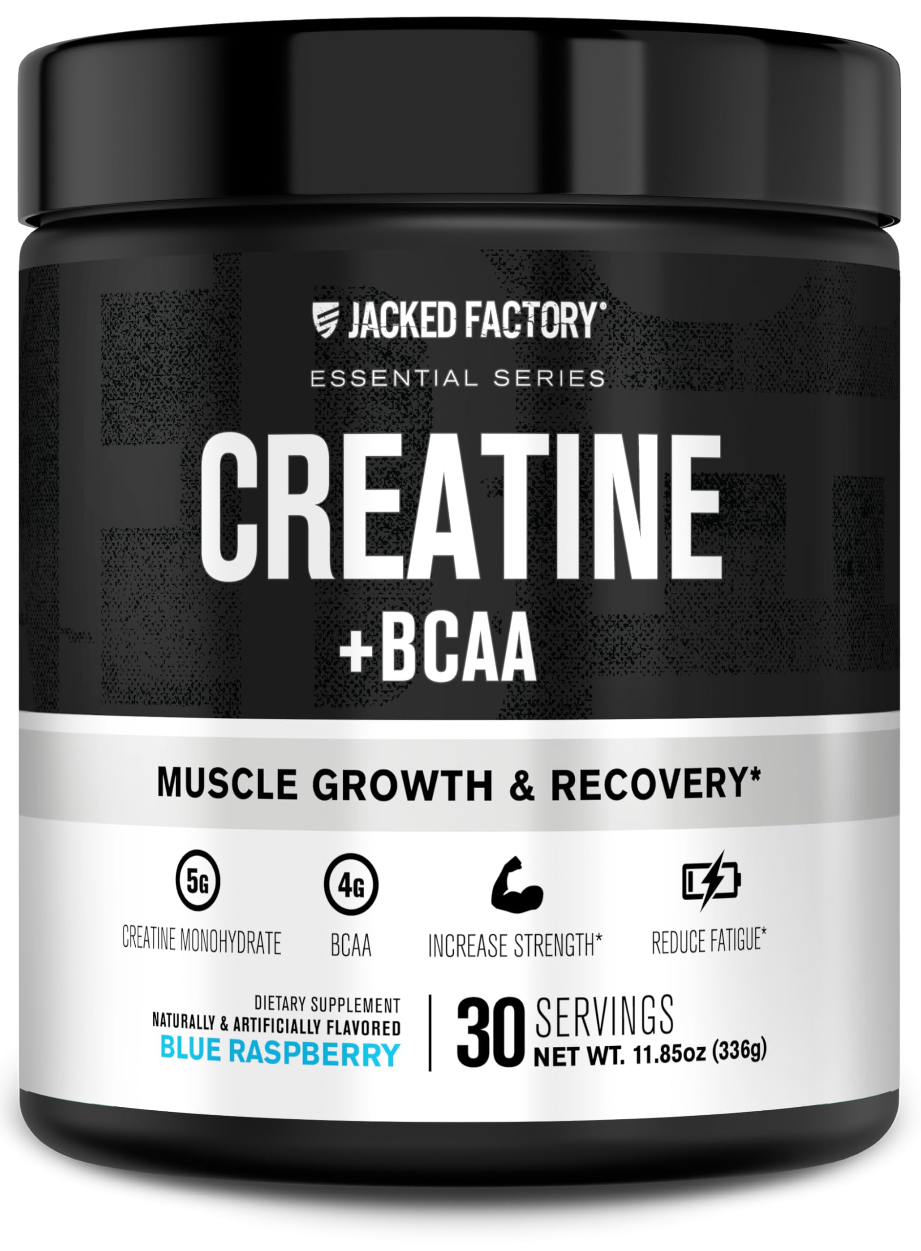 Front view of Jacked Factory Creatine + BCAAs Blue Raspberry tub