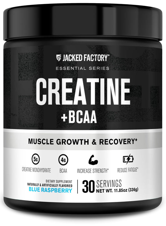 Front view of Jacked Factory Creatine + BCAAs Blue Raspberry tub
