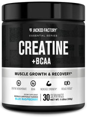 Front view of Jacked Factory Creatine + BCAAs Blue Raspberry tub
