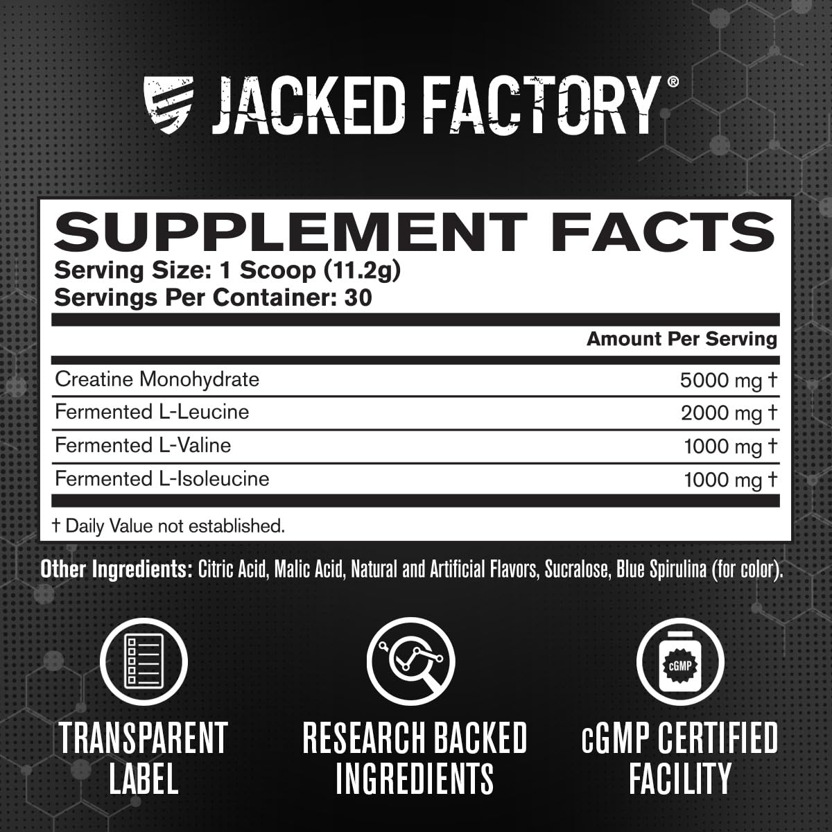 Label artwork for Jacked Factory Creatine + BCAAs Blue Raspberry