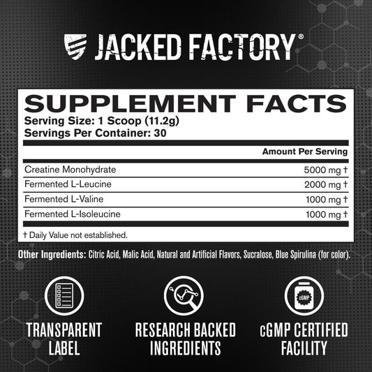 Label artwork for Jacked Factory Creatine + BCAAs Blue Raspberry