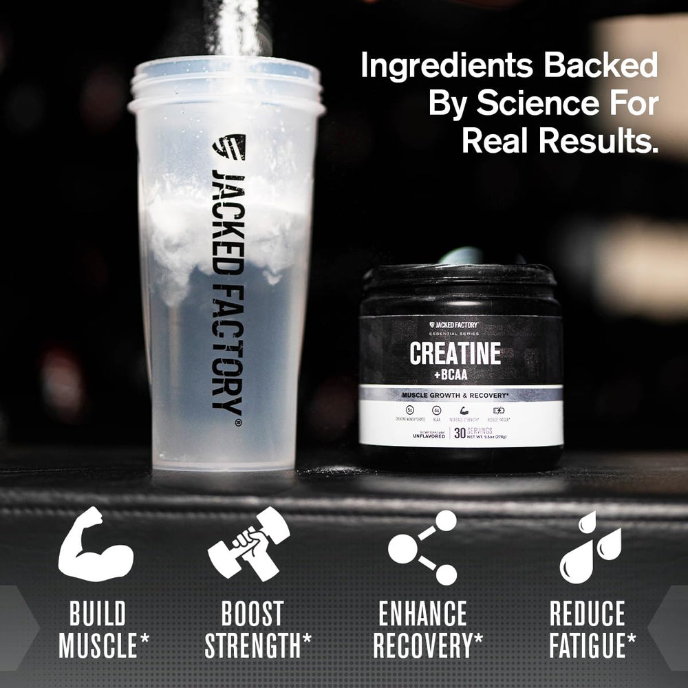 Opened tub packaging of Jacked Factory Creatine + BCAAs Blue Raspberry