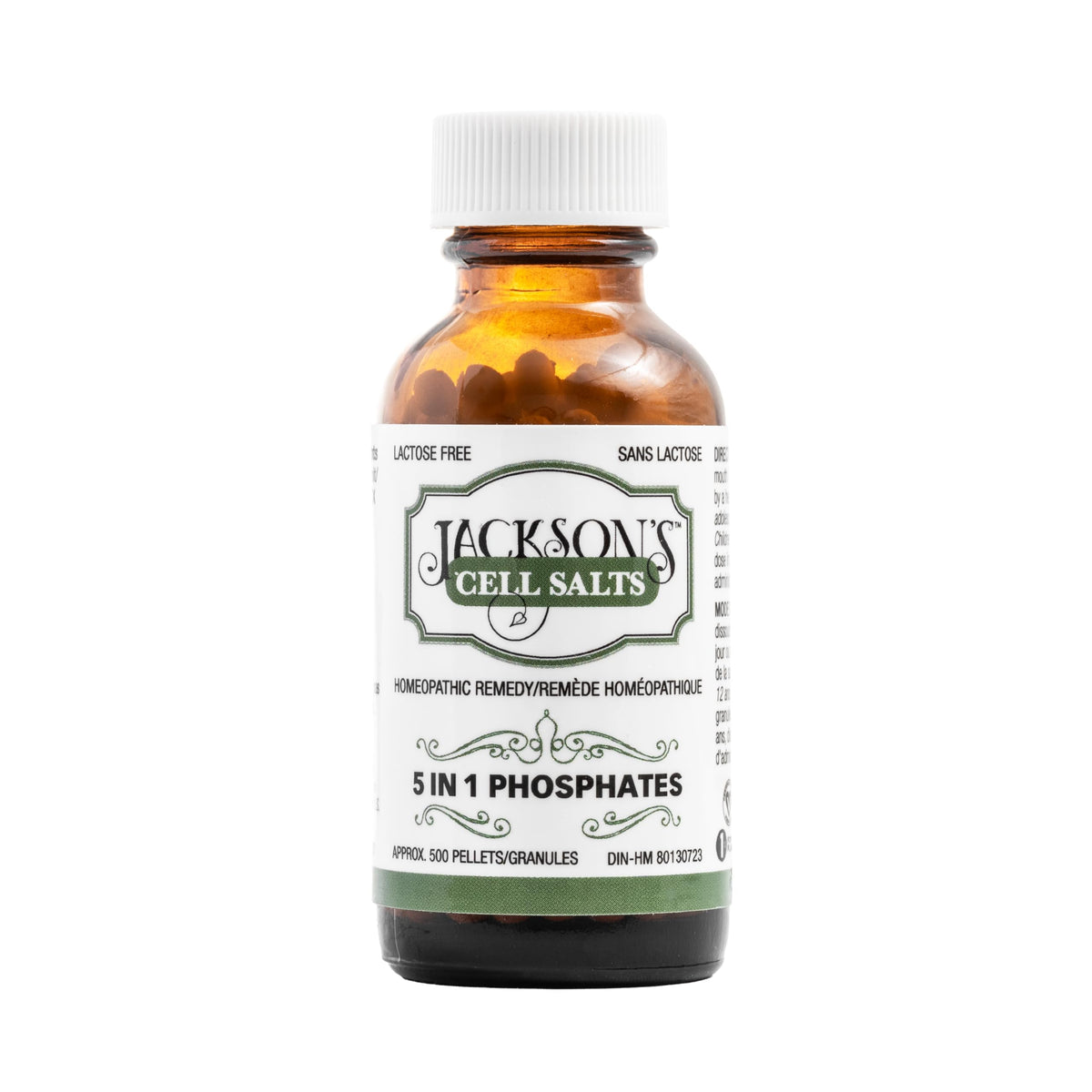Amber glass bottle of Jackson’s Naturals 5-in-1 Phosphates cell salt (500 pellets)