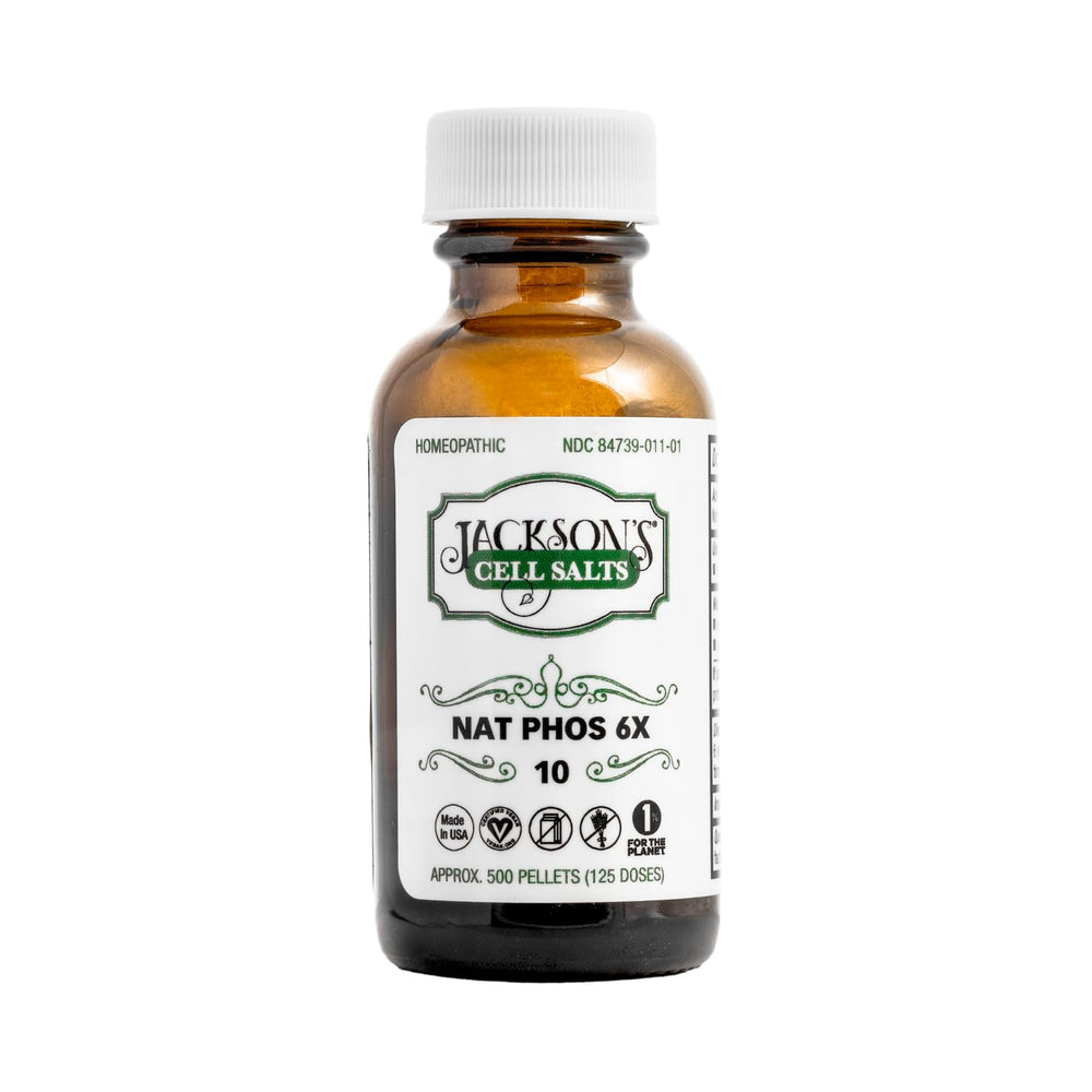 Front label of Jackson's Nat Phos 6X cell salt bottle