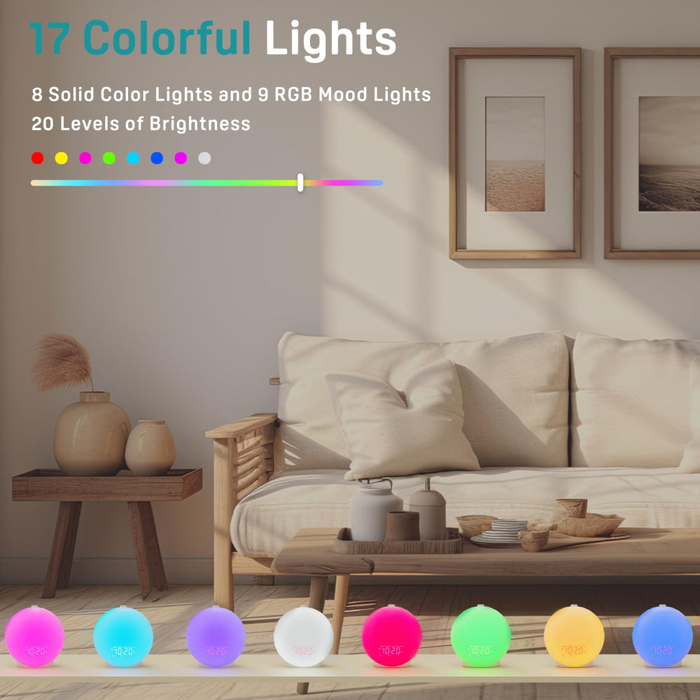 JALL Sunrise Alarm Clock night lights, 17 colors for cozy mood lighting.