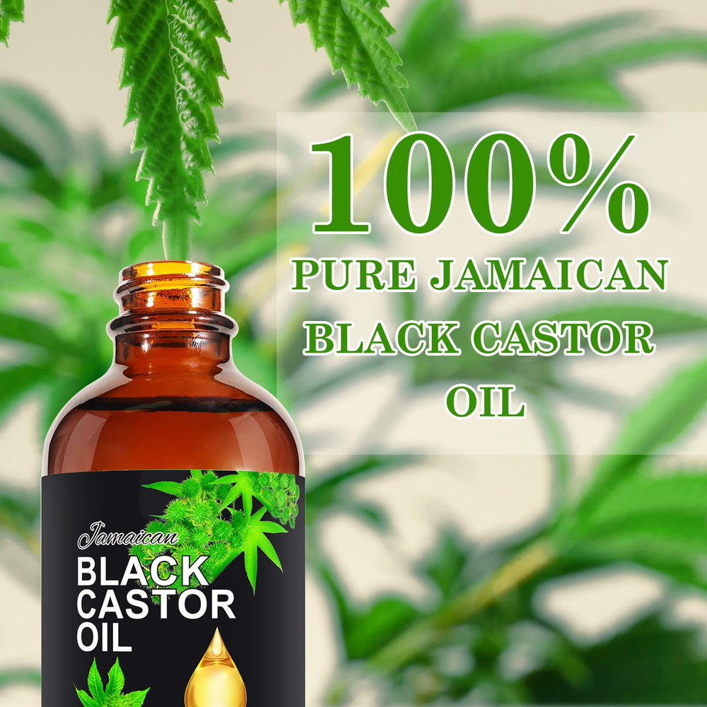Jamaican Black Castor Oil packaging display highlighting organic, cold-pressed oil