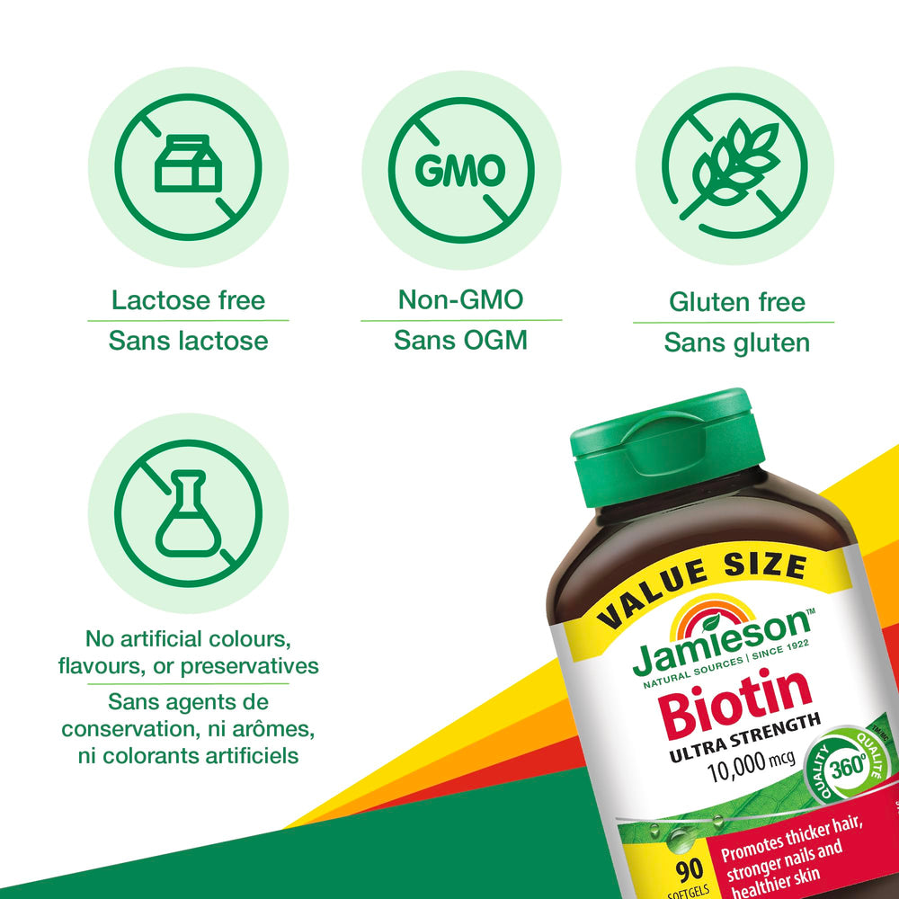Nutrition facts panel for Jamieson Biotin 10,000 mcg