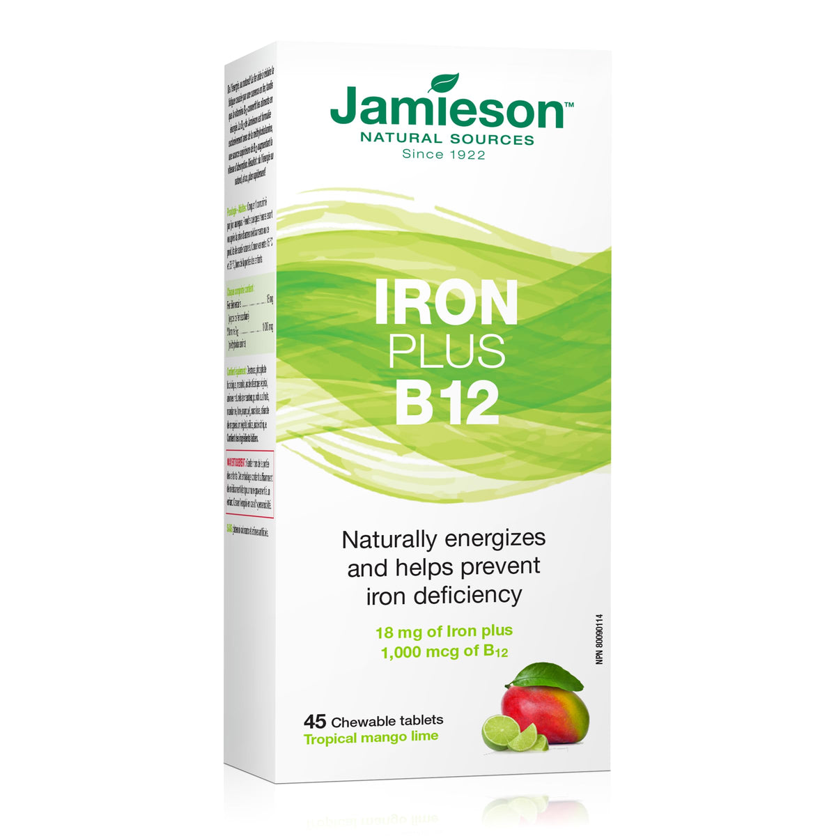 Jamieson Iron + Vitamin B12 bottle with 45 mango lime chewable tablets on a white background