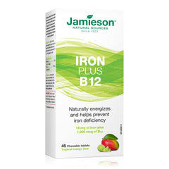 Jamieson Iron + Vitamin B12 bottle with 45 mango lime chewable tablets on a white background