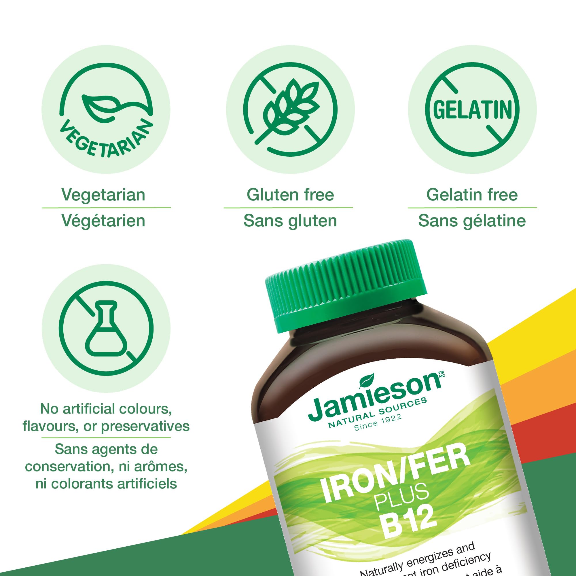 Bottle of Jamieson Iron + Vitamin B12 with 45 chewable tablets displayed