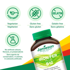 Bottle of Jamieson Iron + Vitamin B12 with 45 chewable tablets displayed