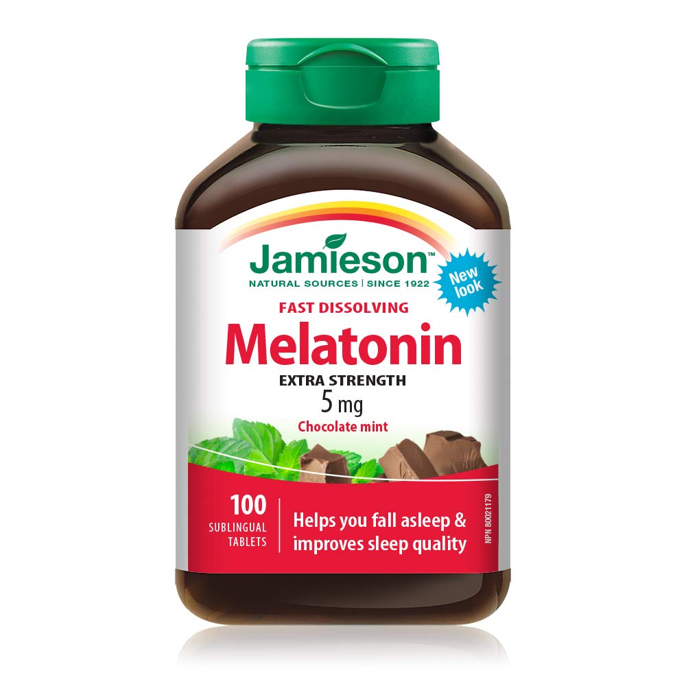 Front view of Jamieson Melatonin 5 mg fast-dissolving tablets bottle, 100 count