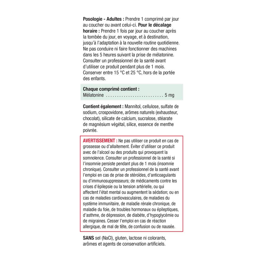 Ingredients and supplement facts panel for Jamieson Melatonin 5 mg