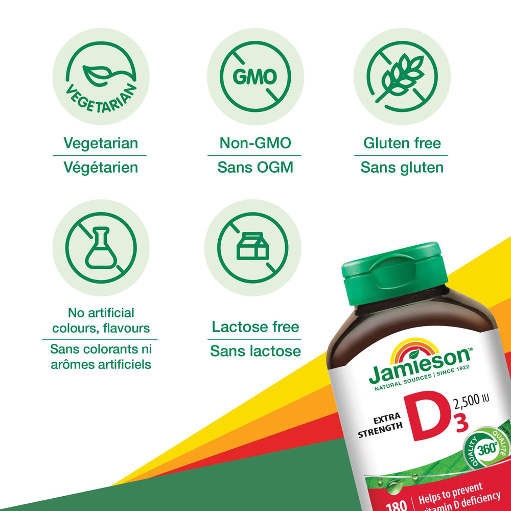 Jamieson Vitamin D3 2500 IU bottle on a white background