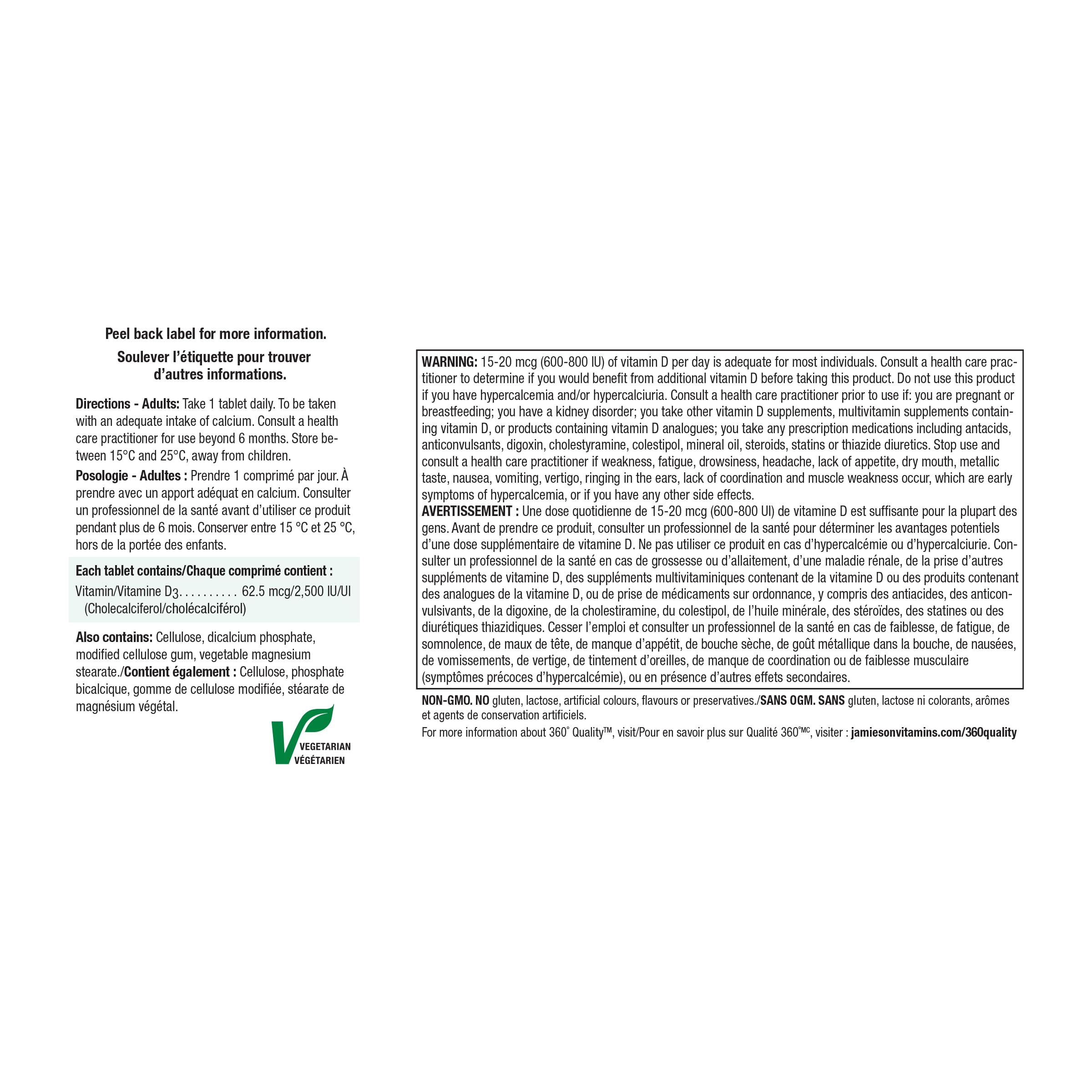 Back panel with supplement details for Jamieson Vitamin D3 2500 IU