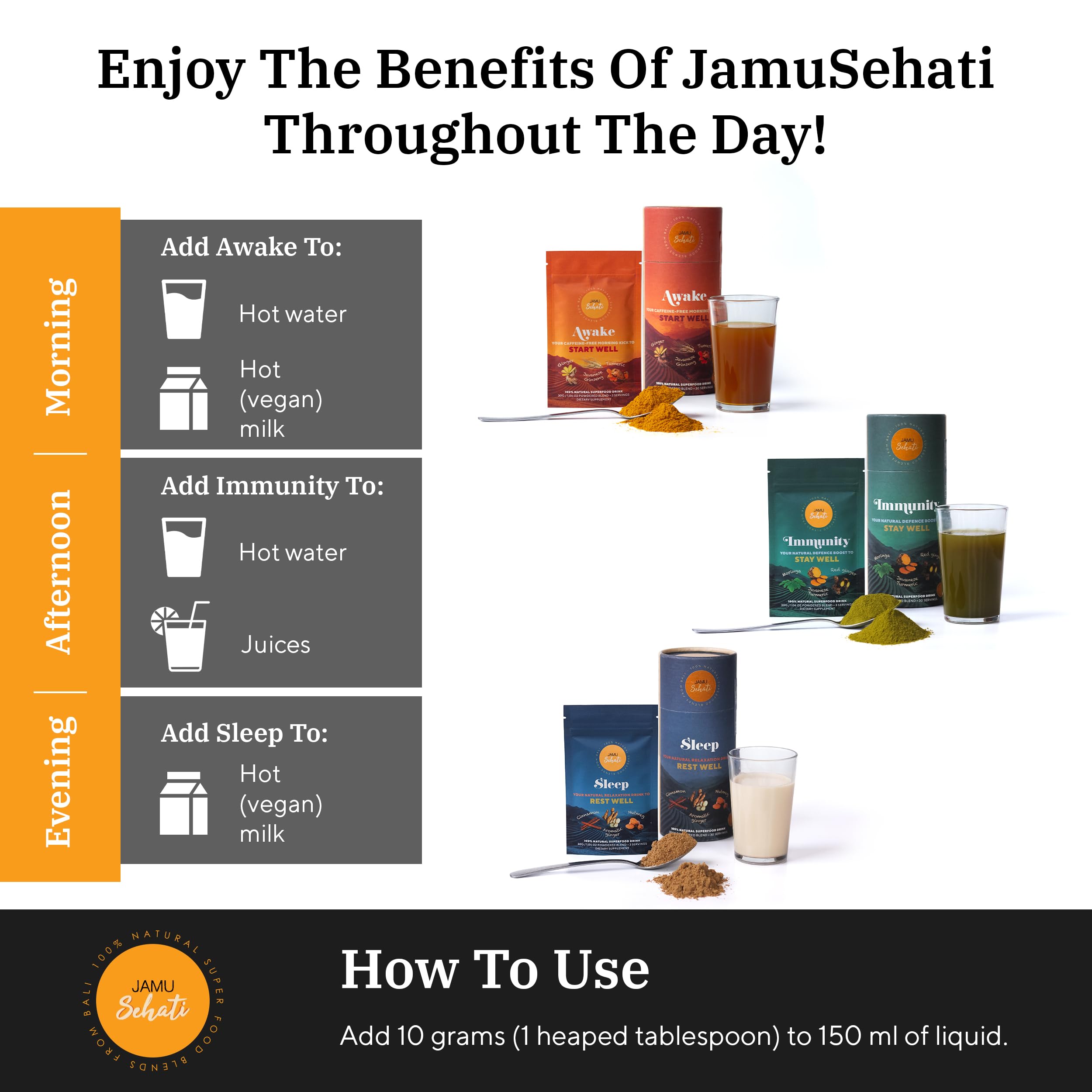 Ingredients and sustainable packaging of JAMUSEHATI blends