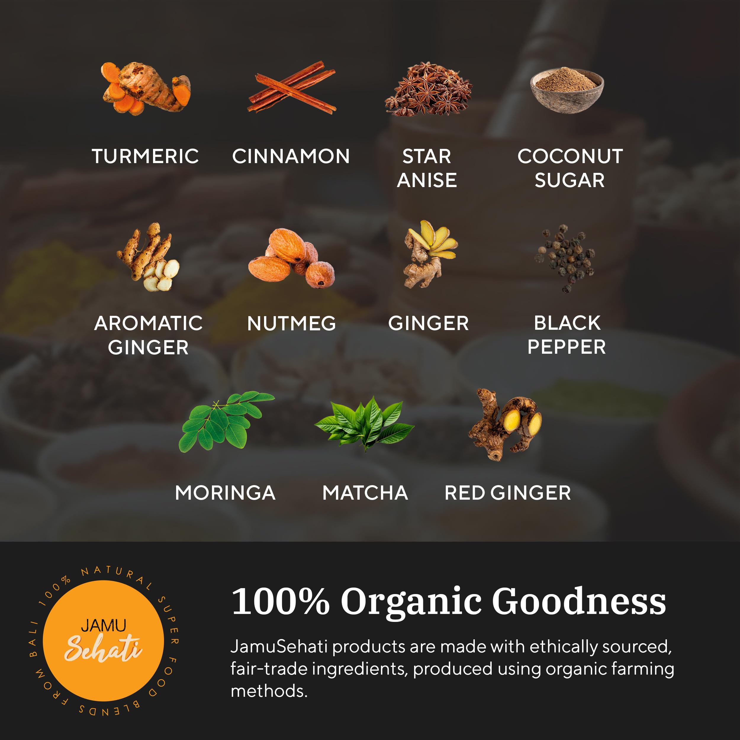 Sleep blend ingredients: ginger, aromatic ginger, nutmeg, cinnamon, star anise, coconut sugar