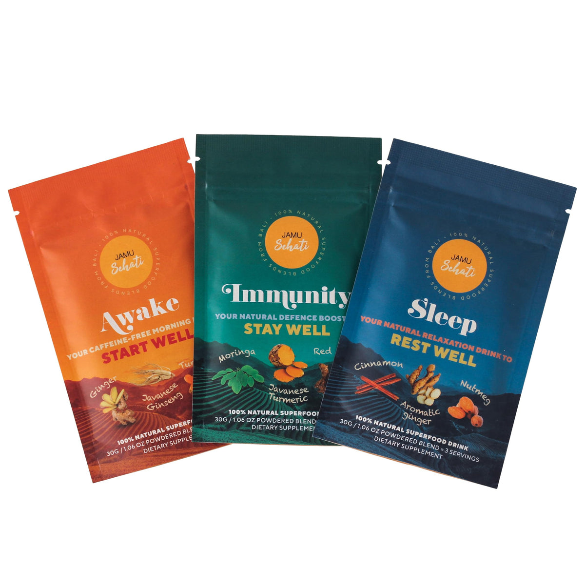 JAMUSEHATI Variety Pack cover featuring Awake, Immunity and Sleep sachets