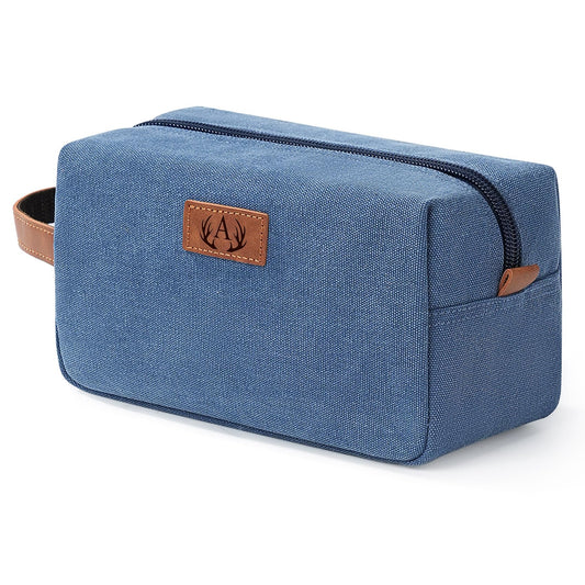 Janhavi toiletry bag blue front view, compact travel companion.