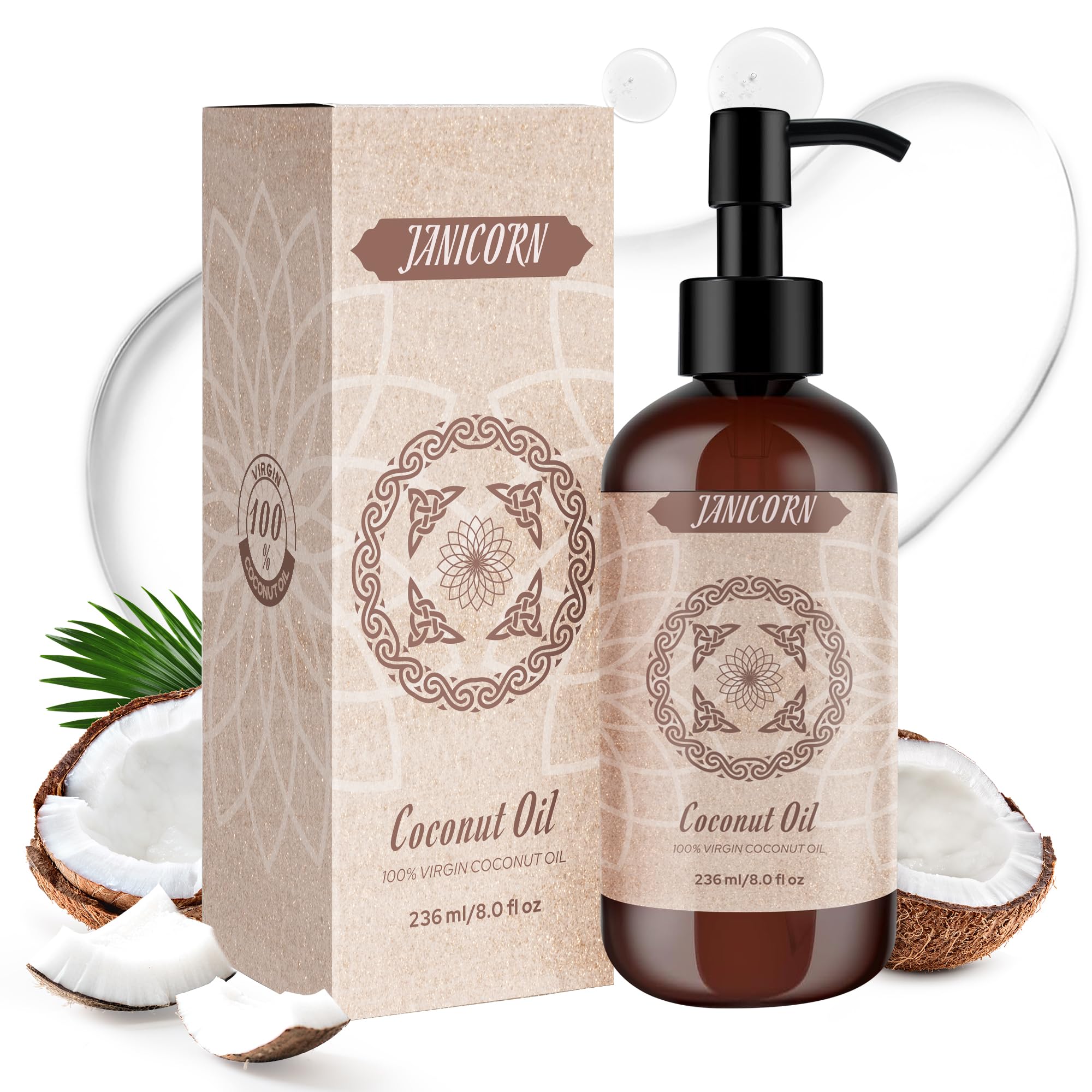 JANICORN 100% Pure Coconut Oil 236 ml bottle on white background