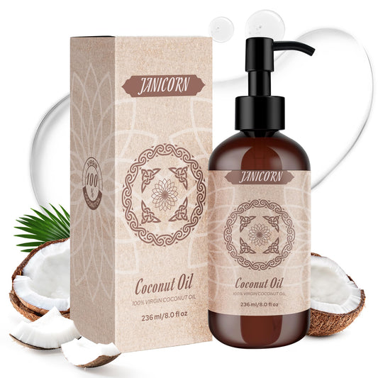 JANICORN 100% Pure Coconut Oil 236 ml bottle on white background