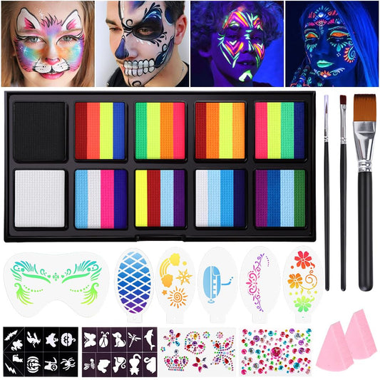 Janolia rainbow face paint kit glows under UV light for vibrant festival designs.