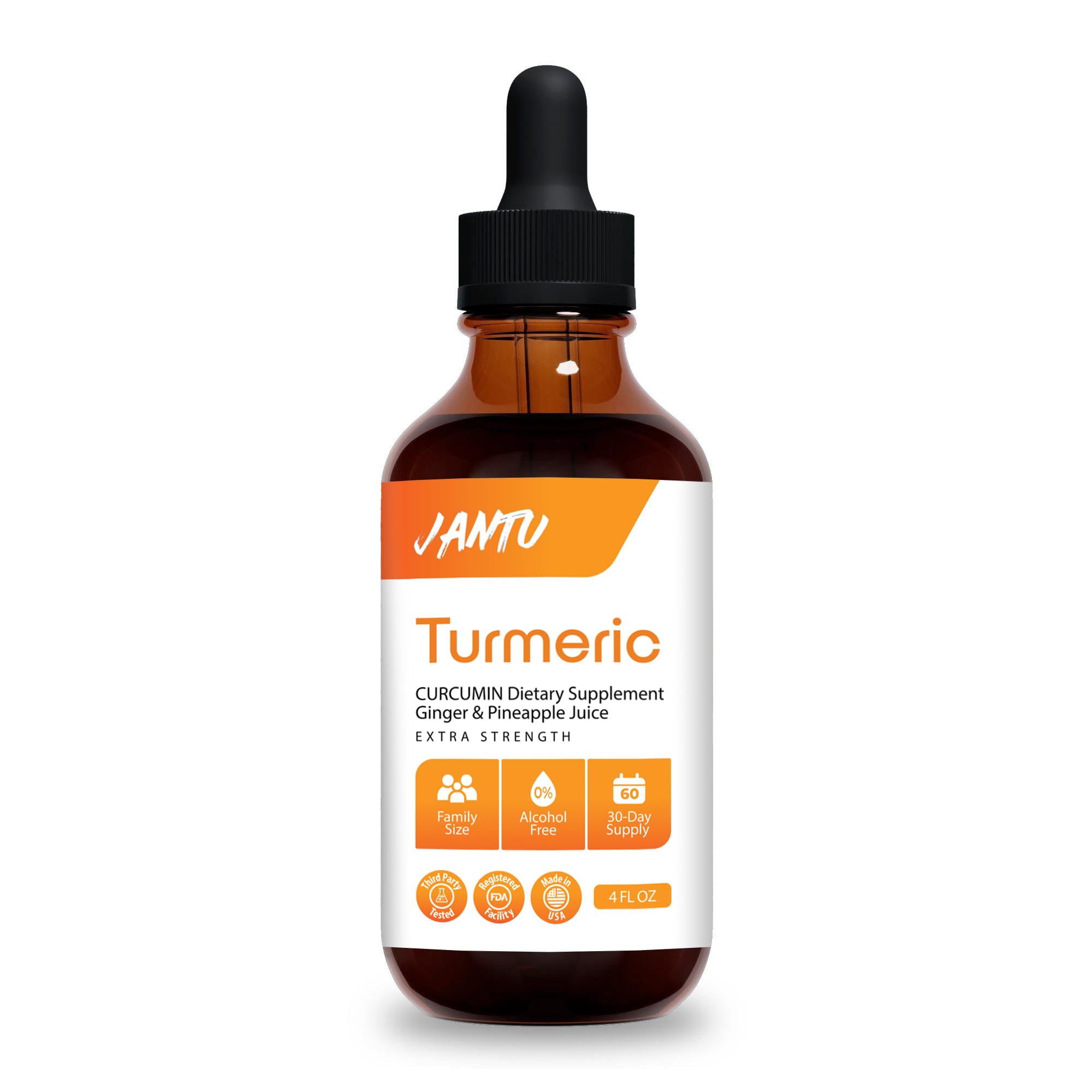 Jantu Liquid Turmeric Curcumin Drops bottle with pineapple flavor, ginger and black pepper